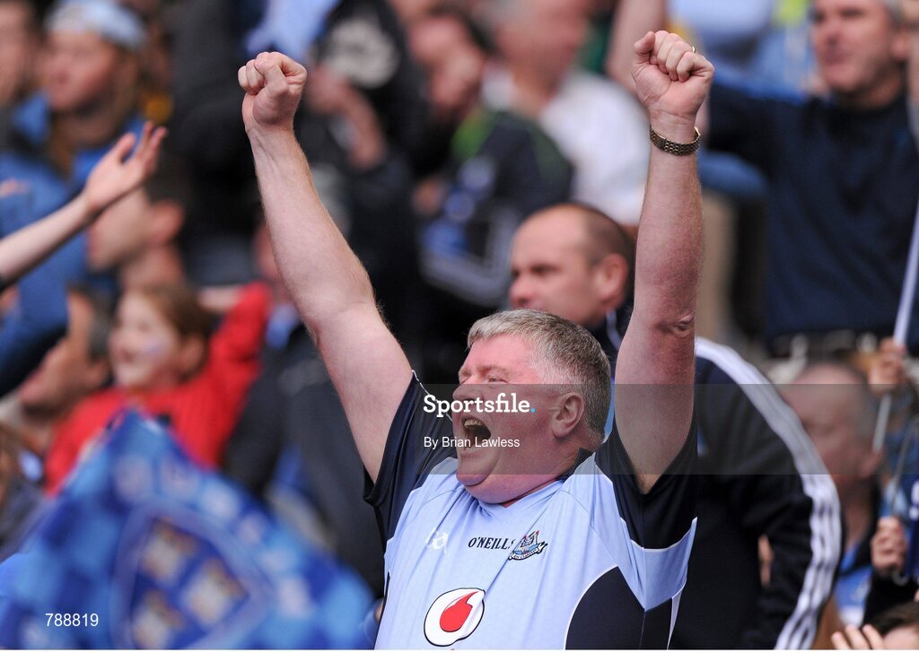 1 September 2013; A Dublin supporter celebrates. GAA Football All-Ireland Senior Championship, Semi-Final, Dublin v Kerry, Croke Park, Dublin. Picture credit: Brian Lawless / SPORTSFILE