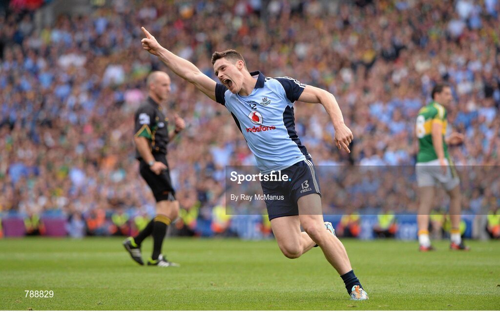 1 September 2013; Diarmuid Connolly celebrates scoring a point late in the game to put Dublin four points up. GAA Football All-Ireland Senior Championship, Semi-Final, Dublin v Kerry, Croke Park, Dublin. Picture credit: Ray McManus / SPORTSFILE