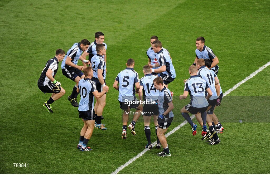 1 September 2013; The Dublin team during the warm-up. GAA Football All-Ireland Senior Championship, Semi-Final, Dublin v Kerry, Croke Park, Dublin. Picture credit: Dáire Brennan / SPORTSFILE