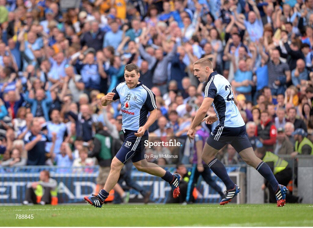 1 September 2013; Kevin McManamon, left, celebrates with Eoghan O'Gara after scoring the second Dublin goal  late in the game. GAA Football All-Ireland Senior Championship, Semi-Final, Dublin v Kerry, Croke Park, Dublin. Picture credit: Ray McManus / SPORTSFILE