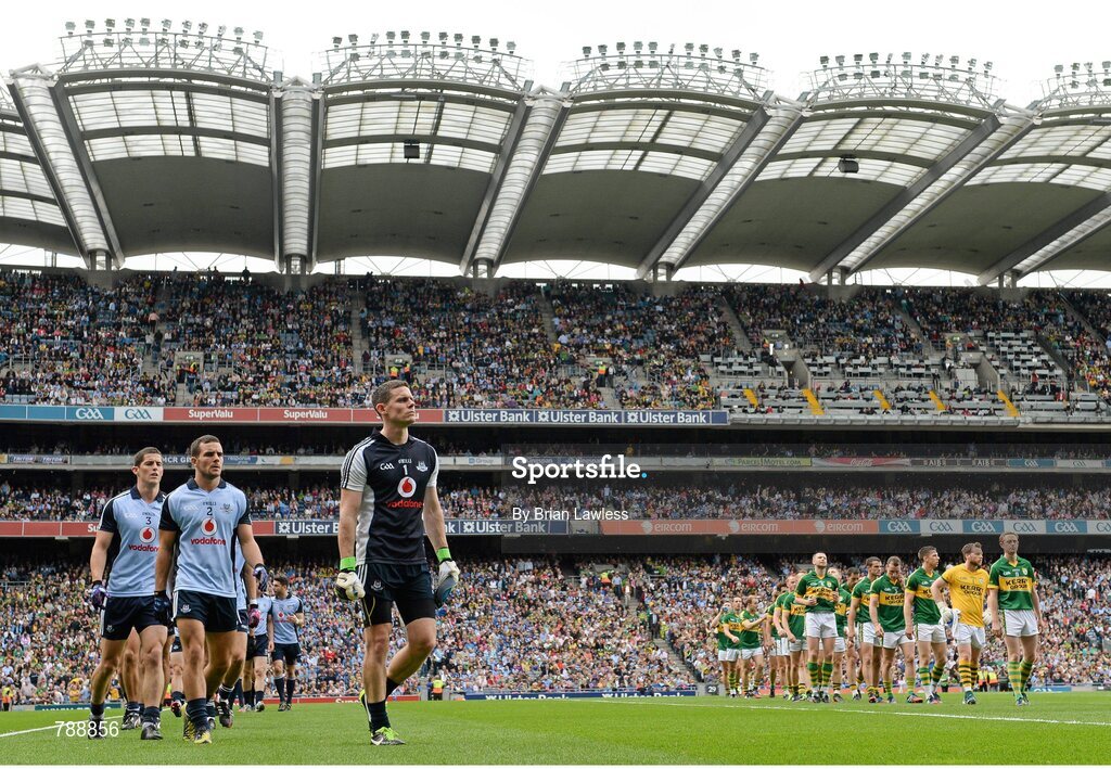 1 September 2013; The Dublin and Kerry teams during the pre-match parade. GAA Football All-Ireland Senior Championship, Semi-Final, Dublin v Kerry, Croke Park, Dublin. Picture credit: Brian Lawless / SPORTSFILE