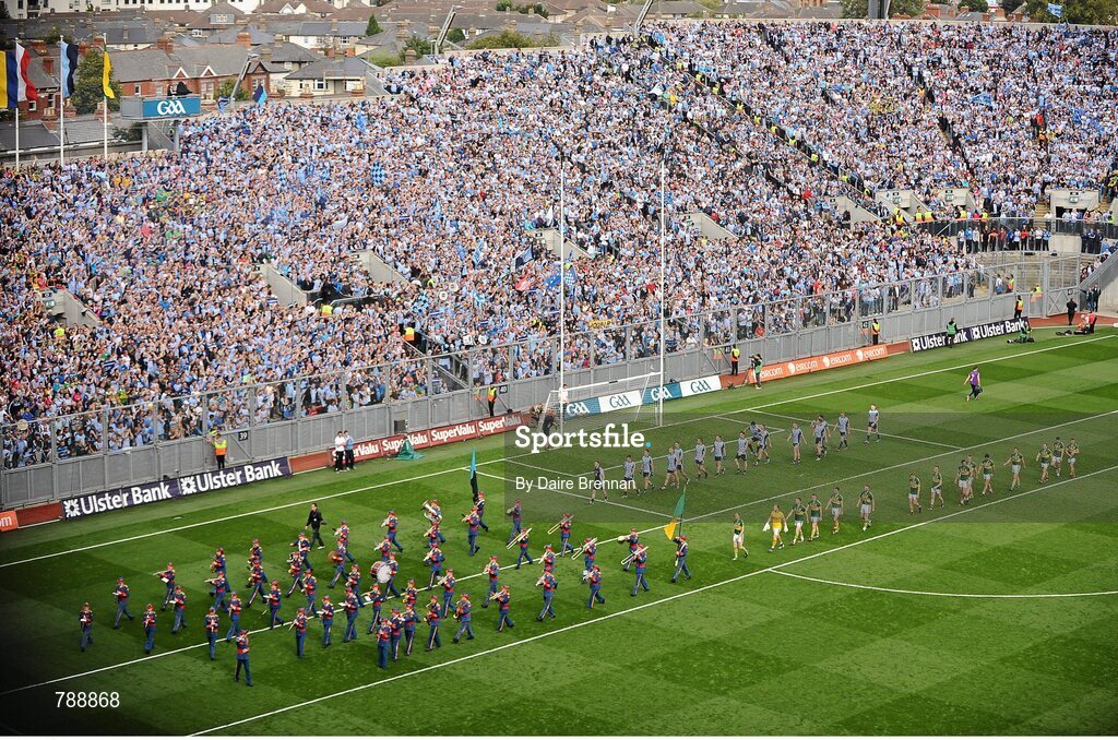 1 September 2013; The Dublin and Kerry teams parade behind the Artane School of Music Band. GAA Football All-Ireland Senior Championship, Semi-Final, Dublin v Kerry, Croke Park, Dublin. Picture credit: Dáire Brennan / SPORTSFILE