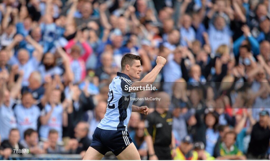 1 September 2013; Dublin's Diarmuid Connolly celebrates scoring a point late in the game to put his side four points ahead. GAA Football All-Ireland Senior Championship, Semi-Final, Dublin v Kerry, Croke Park, Dublin. Picture credit: Stephen McCarthy / SPORTSFILE