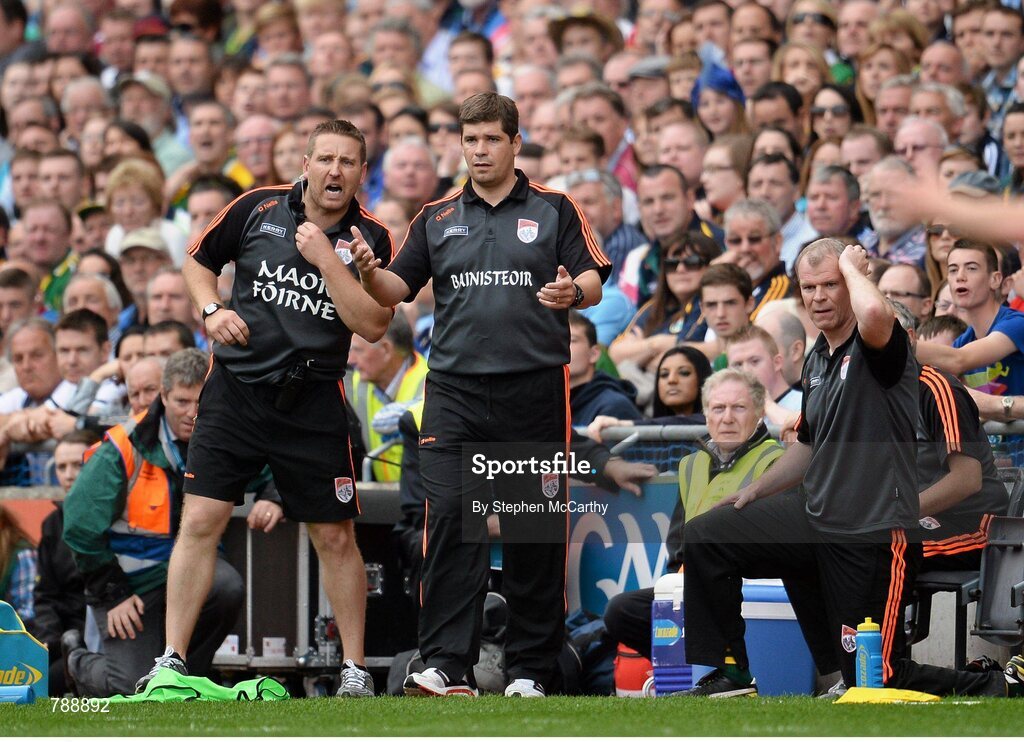 1 September 2013; Kerry manager Eamonn Fitzmaurice with selectors Cian O'Neill, left, and Diarmuid Murphy, right. GAA Football All-Ireland Senior Championship, Semi-Final, Dublin v Kerry, Croke Park, Dublin. Picture credit: Stephen McCarthy / SPORTSFILE