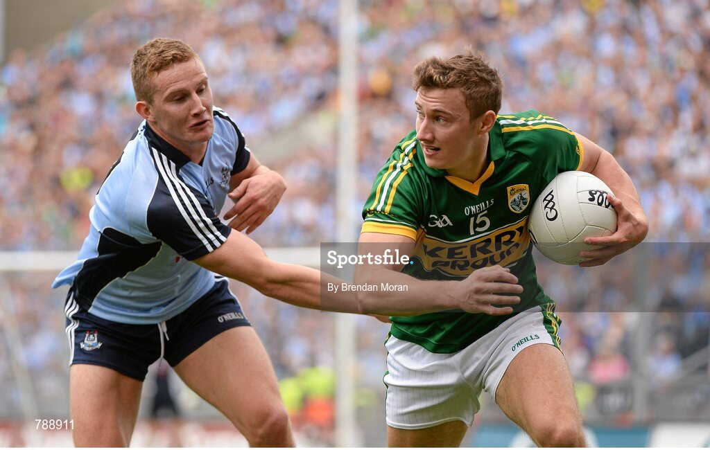 1 September 2013; James O'Donoghue, Kerry, in action against Ciarán Kilkenny, Dublin. GAA Football All-Ireland Senior Championship, Semi-Final, Dublin v Kerry, Croke Park, Dublin. Picture credit: Brendan Moran / SPORTSFILE