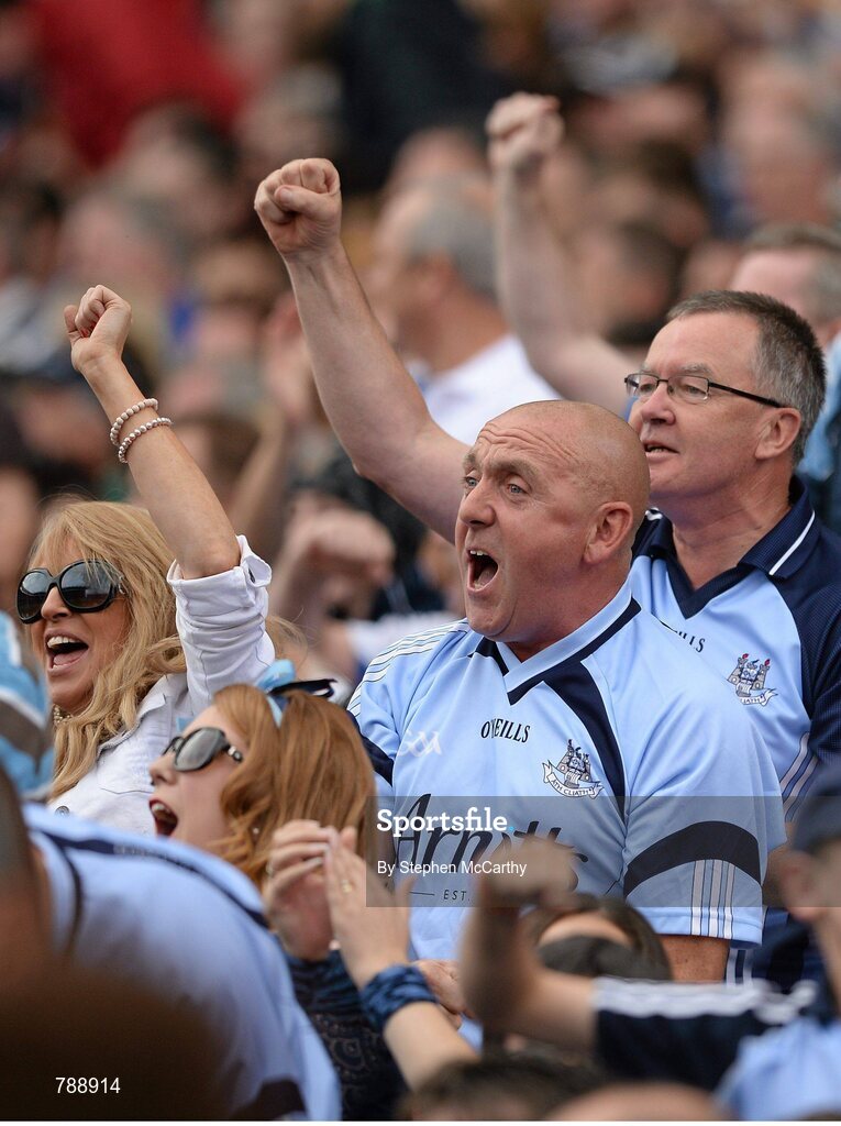 1 September 2013; Dublin supporters celebrate a second half score. GAA Football All-Ireland Senior Championship, Semi-Final, Dublin v Kerry, Croke Park, Dublin. Picture credit: Stephen McCarthy / SPORTSFILE