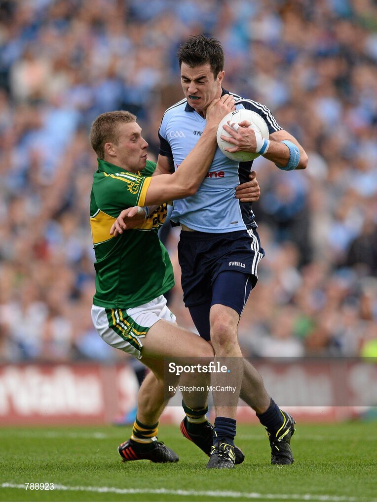 1 September 2013; Michael Darragh Macauley, Dublin, in action against Peter Crowley, Kerry. GAA Football All-Ireland Senior Championship, Semi-Final, Dublin v Kerry, Croke Park, Dublin. Picture credit: Stephen McCarthy / SPORTSFILE