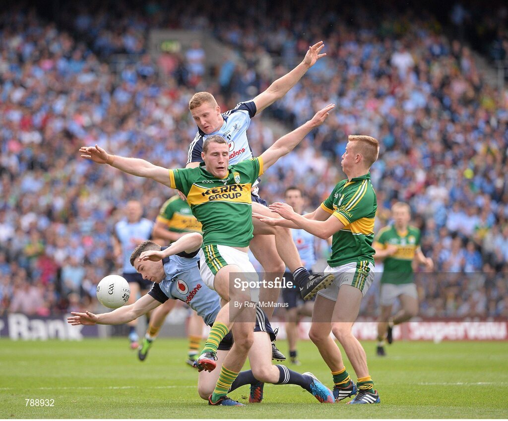 1 September 2013; Dublin players Paddy Andrews and Ciarán Kilkenny, in action against Kerry full back Mark Griffin and Fionn Fitzgerald. GAA Football All-Ireland Senior Championship, Semi-Final, Dublin v Kerry, Croke Park, Dublin. Picture credit: Ray McManus / SPORTSFILE