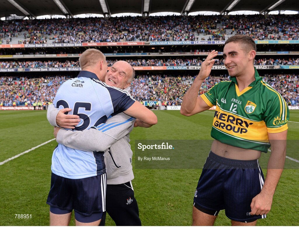 1 September 2013; Dublin doctor David Hickey with Eoghan O'Gara, and James McCarthy, right, after the game. GAA Football All-Ireland Senior Championship, Semi-Final, Dublin v Kerry, Croke Park, Dublin. Picture credit: Ray McManus / SPORTSFILE