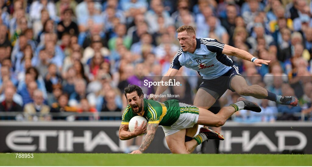 1 September 2013; Paul Galvin, Kerry, in action against Paul Flynn, Dublin. GAA Football All-Ireland Senior Championship, Semi-Final, Dublin v Kerry, Croke Park, Dublin. Picture credit: Brendan Moran / SPORTSFILE