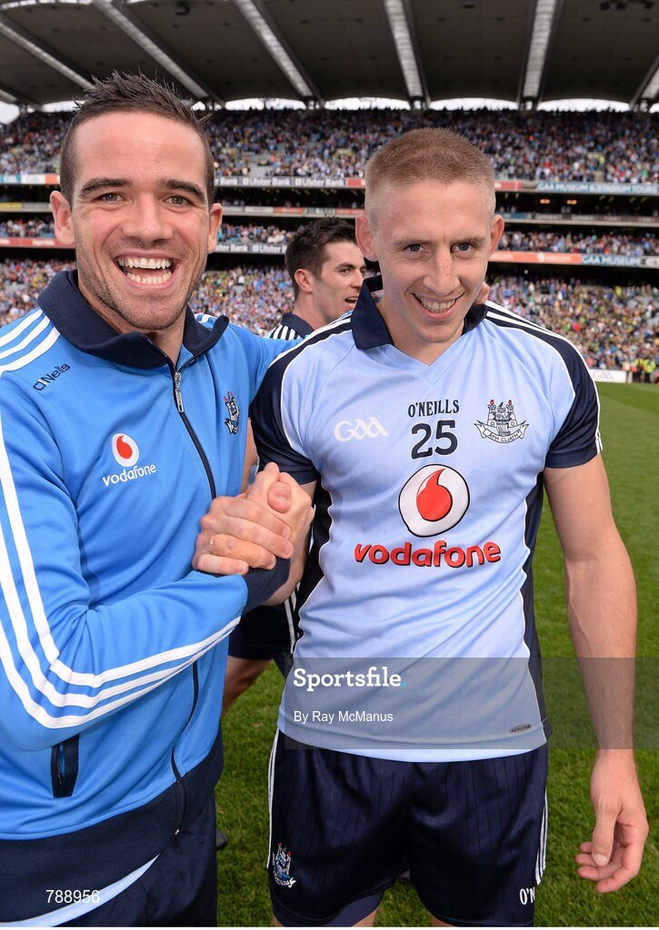 1 September 2013; Dublin players Ger Brennan and Eoghan O'Gara celebrate after the game. GAA Football All-Ireland Senior Championship, Semi-Final, Dublin v Kerry, Croke Park, Dublin. Picture credit: Ray McManus / SPORTSFILE