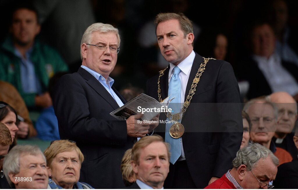 1 September 2013; Tánaiste and Minister for Foreign Affairs & Trade Eamon Gilmore, T.D. in conversation with Lord Mayor of Dublin Oisín Quinn, right, ahead of the game. GAA Football All-Ireland Senior Championship, Semi-Final, Dublin v Kerry, Croke Park, Dublin. Picture credit: Stephen McCarthy / SPORTSFILE
