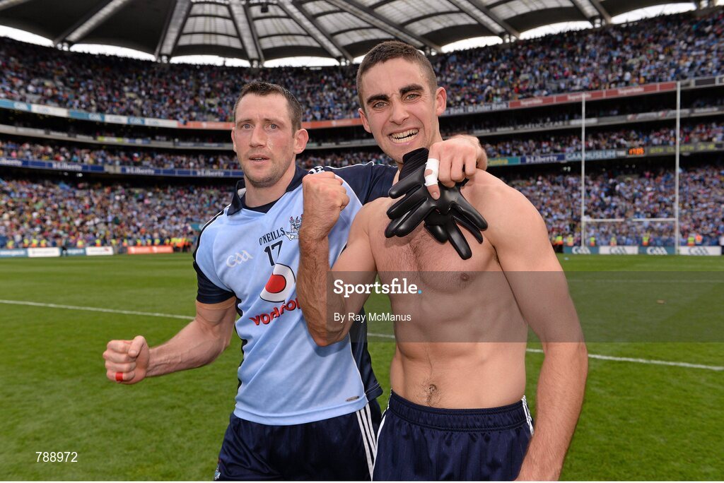 1 September 2013; Dublin players Denis Bastick and James McCarthy celebrate after the game. GAA Football All-Ireland Senior Championship, Semi-Final, Dublin v Kerry, Croke Park, Dublin. Picture credit: Ray McManus / SPORTSFILE