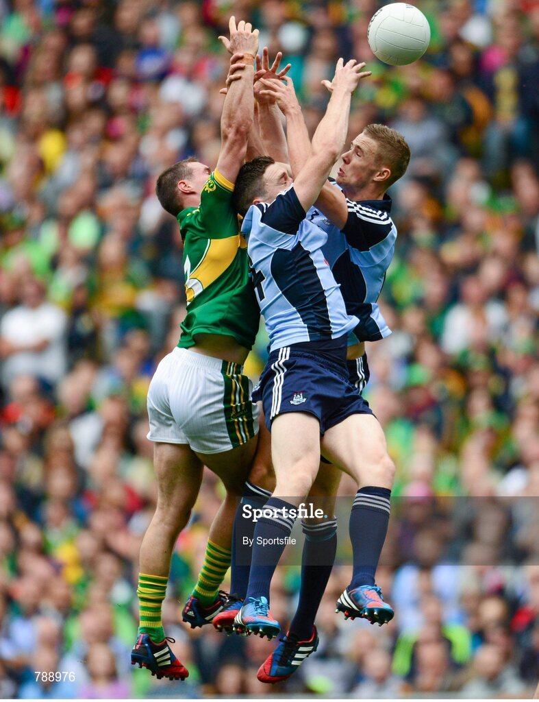 1 September 2013; Paddy Andrews and Paul Mannion, right, Dublin, in action against Mark Griffin, Kerry. GAA Football All-Ireland Senior Championship, Semi-Final, Dublin v Kerry, Croke Park, Dublin. Photo by Sportsfile