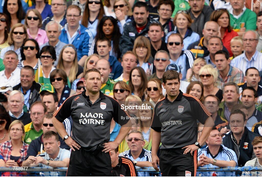 1 September 2013; Kerry manager Eamonn Fitzmaurice and trainer Cian O'Neill look on during the game. GAA Football All-Ireland Senior Championship, Semi-Final, Dublin v Kerry, Croke Park, Dublin. Picture credit: Brendan Moran / SPORTSFILE