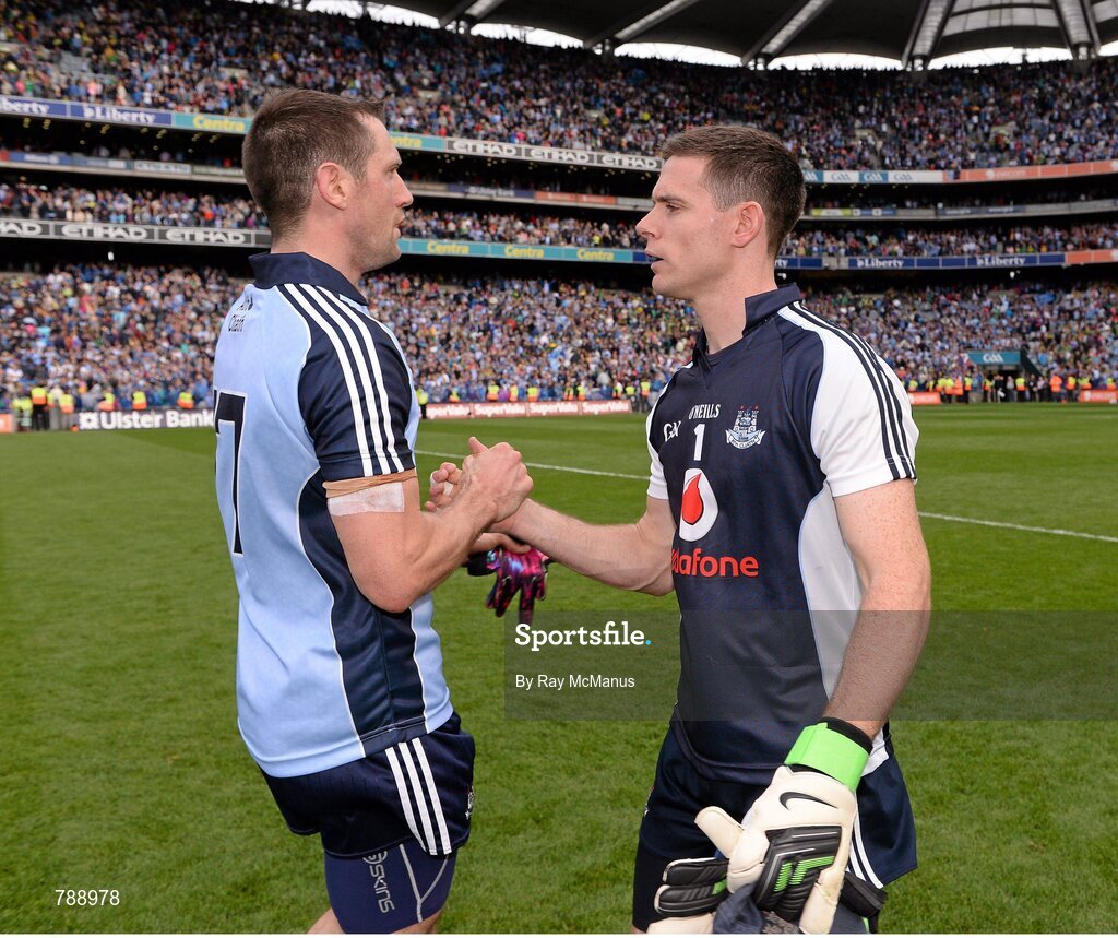 1 September 2013; Dublin players Denis Bastick, left, and captain Stephen Cluxton celebrate after the game. GAA Football All-Ireland Senior Championship, Semi-Final, Dublin v Kerry, Croke Park, Dublin. Picture credit: Ray McManus / SPORTSFILE