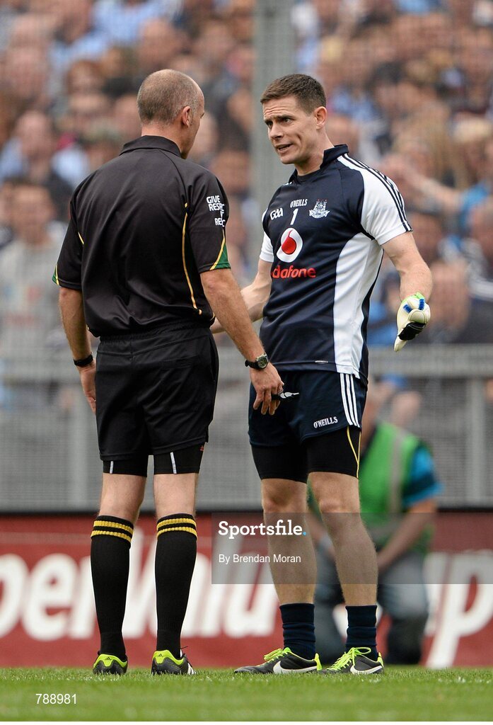 1 September 2013; Dublin goalkeeper and captain Stephen Cluxton argues with referee Cormac Reilly after he awarded a penalty to Kerry. GAA Football All-Ireland Senior Championship, Semi-Final, Dublin v Kerry, Croke Park, Dublin. Picture credit: Brendan Moran / SPORTSFILE