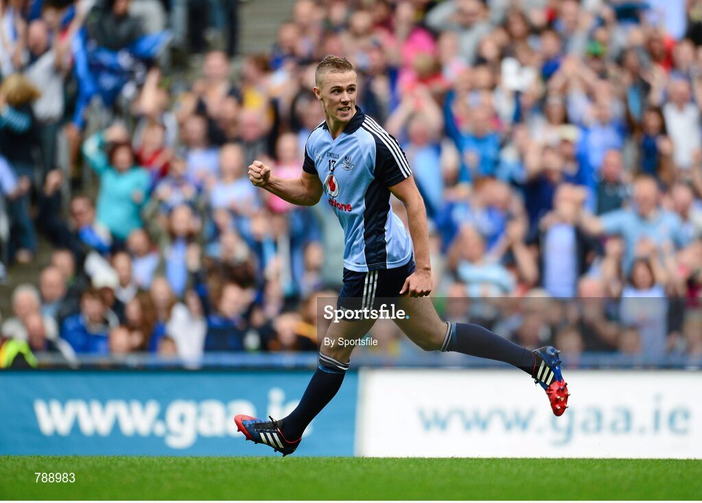 1 September 2013; Paul Mannion, Dublin, celebrates after scoring his side's first goal. GAA Football All-Ireland Senior Championship, Semi-Final, Dublin v Kerry, Croke Park, Dublin. Photo by Sportsfile