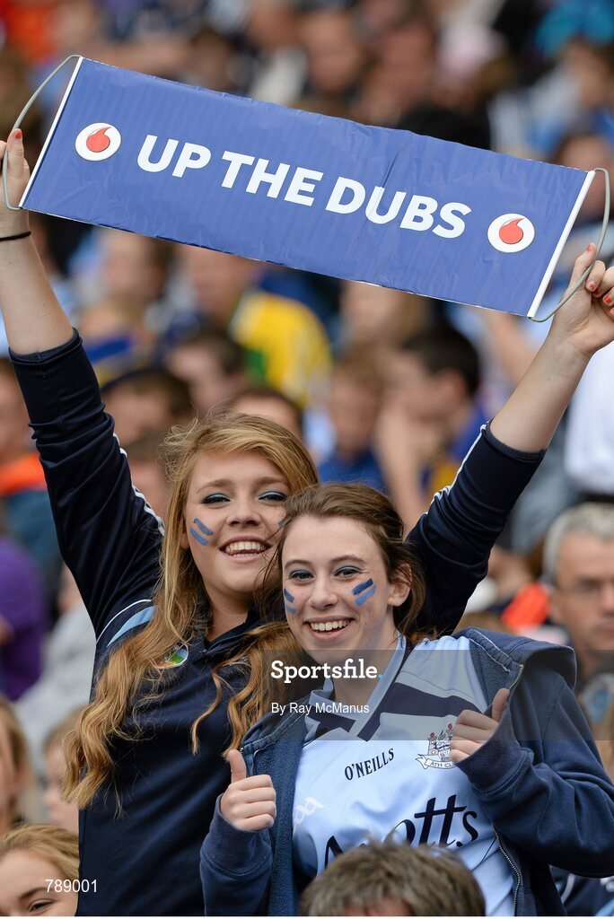 1 September 2013; Dublin supporters Sophia Martin, left, and her friend Rachel Magee, from Blanchardstown, before the game. GAA Football All-Ireland Senior Championship, Semi-Final, Dublin v Kerry, Croke Park, Dublin. Picture credit: Ray McManus / SPORTSFILE