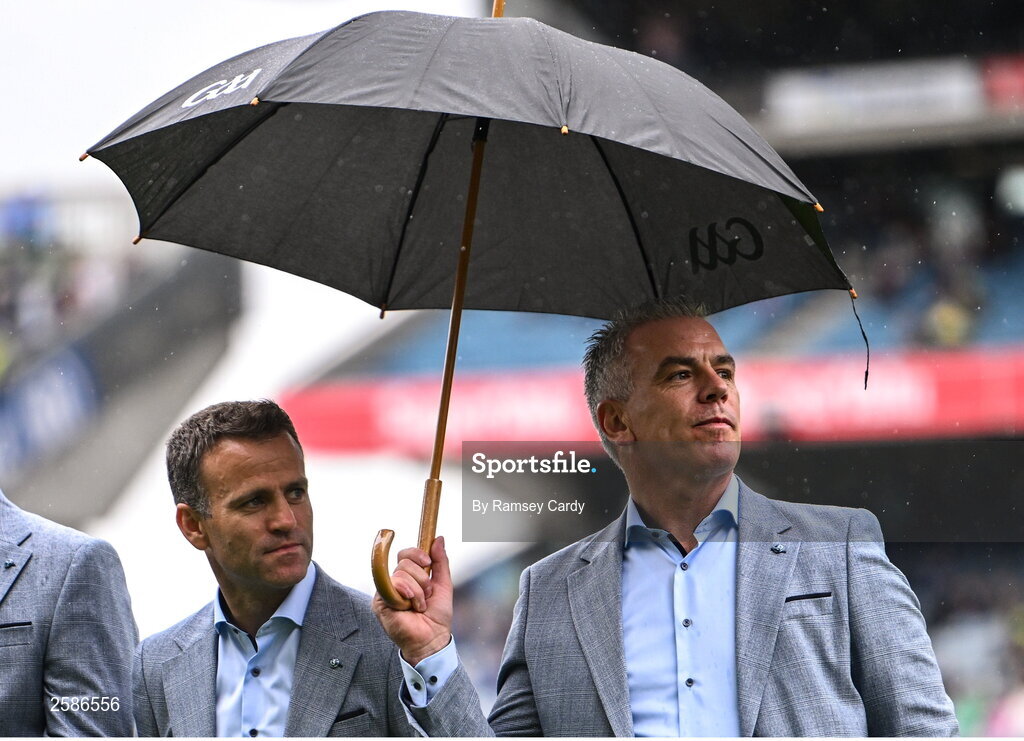 30 July 2023; Derek Savage, left, and Pádraic Joyce of the 1998 All-Ireland winning Galway jubilee team who were honoured before the GAA Football All-Ireland Senior Championship final match between Dublin and Kerry at Croke Park in Dublin. Photo by Ramsey Cardy/Sportsfile