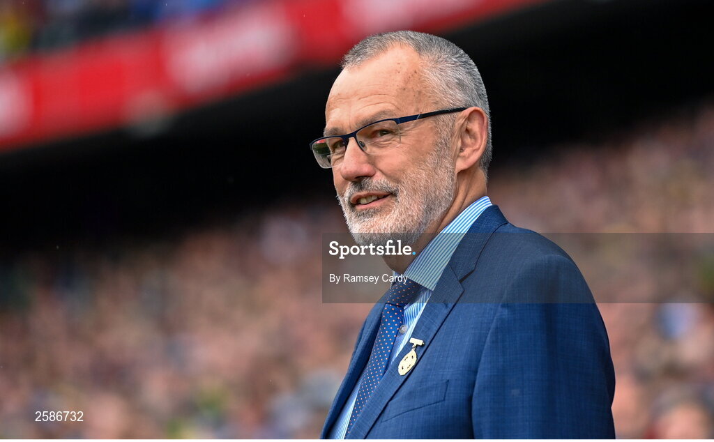 30 July 2023; Uachtarán Chumann Lúthchleas Gael Larry McCarthy before the GAA Football All-Ireland Senior Championship final match between Dublin and Kerry at Croke Park in Dublin. Photo by Ramsey Cardy/Sportsfile