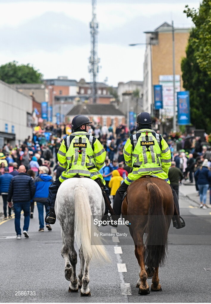 30 July 2023; Horse mounted An Garda Síochána on Jones' Road before the GAA Football All-Ireland Senior Championship final match between Dublin and Kerry at Croke Park in Dublin. Photo by Ramsey Cardy/Sportsfile