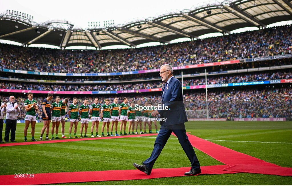 30 July 2023; Uachtarán Chumann Lúthchleas Gael Larry McCarthy before the GAA Football All-Ireland Senior Championship final match between Dublin and Kerry at Croke Park in Dublin. Photo by Ramsey Cardy/Sportsfile