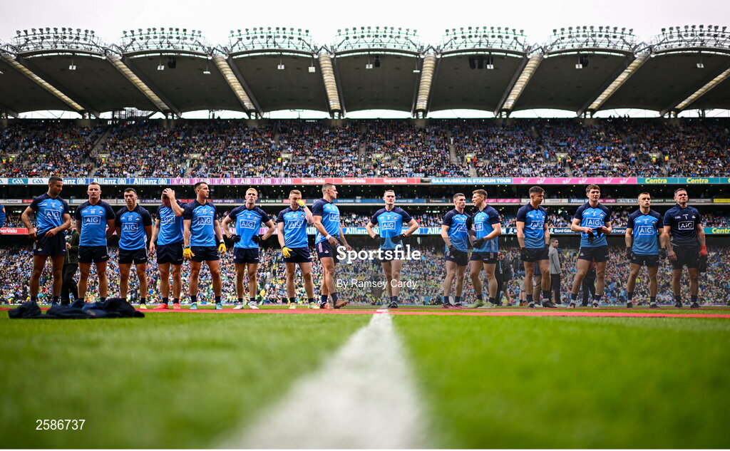 30 July 2023; The Dublin team before the GAA Football All-Ireland Senior Championship final match between Dublin and Kerry at Croke Park in Dublin. Photo by Ramsey Cardy/Sportsfile