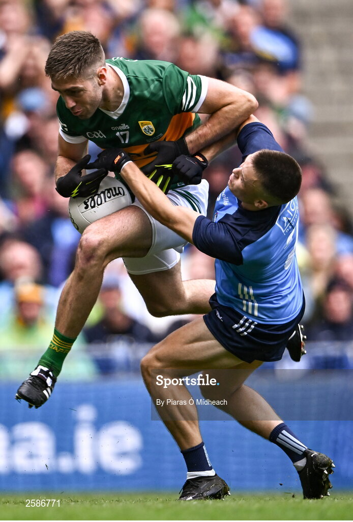 30 July 2023; Adrian Spillane of Kerry in action against Eoin Murchan of Dublin during the GAA Football All-Ireland Senior Championship final match between Dublin and Kerry at Croke Park in Dublin. Photo by Piaras Ó Mídheach/Sportsfile