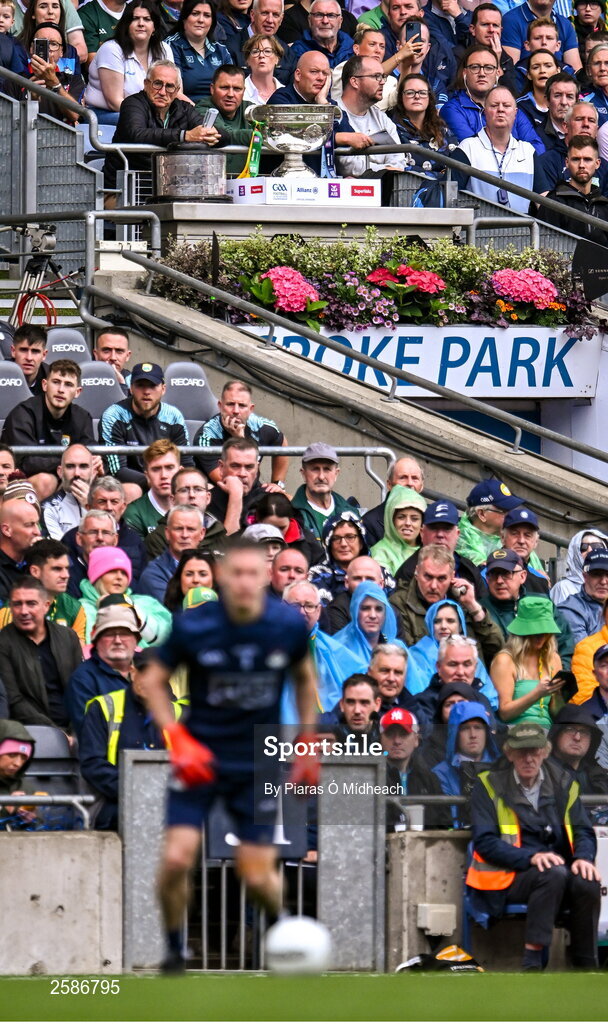 30 July 2023; The Sam Maguire Cup on display in the Hogan Stand as Dublin goalkeeper Stephen Cluxton score his side's first point, from a free, during the GAA Football All-Ireland Senior Championship final match between Dublin and Kerry at Croke Park in Dublin. Photo by Piaras Ó Mídheach/Sportsfile