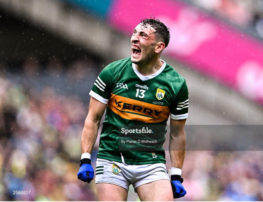 30 July 2023; Paudie Clifford of Kerry celebrates after scoring a point during the GAA Football All-Ireland Senior Championship final match between Dublin and Kerry at Croke Park in Dublin. Photo by Piaras Ó Mídheach/Sportsfile