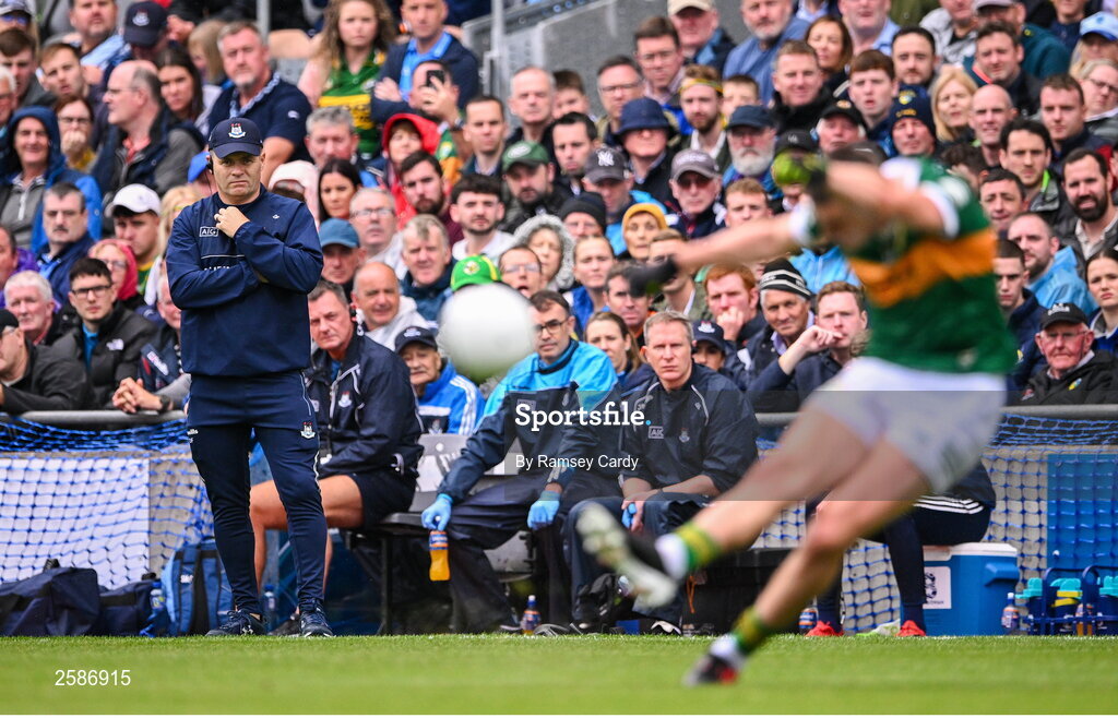 30 July 2023; Dublin manager Dessie Farrell watches on as Sean O'Shea of Kerry kicks a free during the GAA Football All-Ireland Senior Championship final match between Dublin and Kerry at Croke Park in Dublin. Photo by Ramsey Cardy/Sportsfile