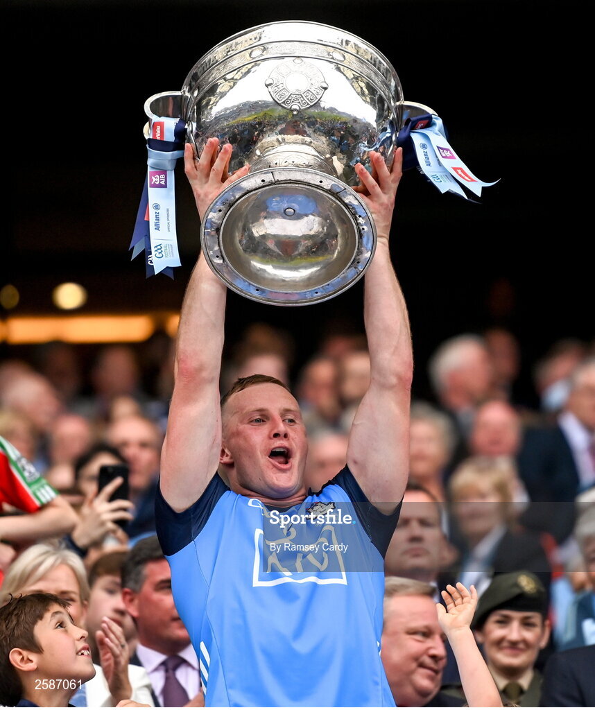 30 July 2023; Ciaran Kilkenny of Dublin lifts the Sam Maguire Cup after the GAA Football All-Ireland Senior Championship final match between Dublin and Kerry at Croke Park in Dublin. Photo by Ramsey Cardy/Sportsfile