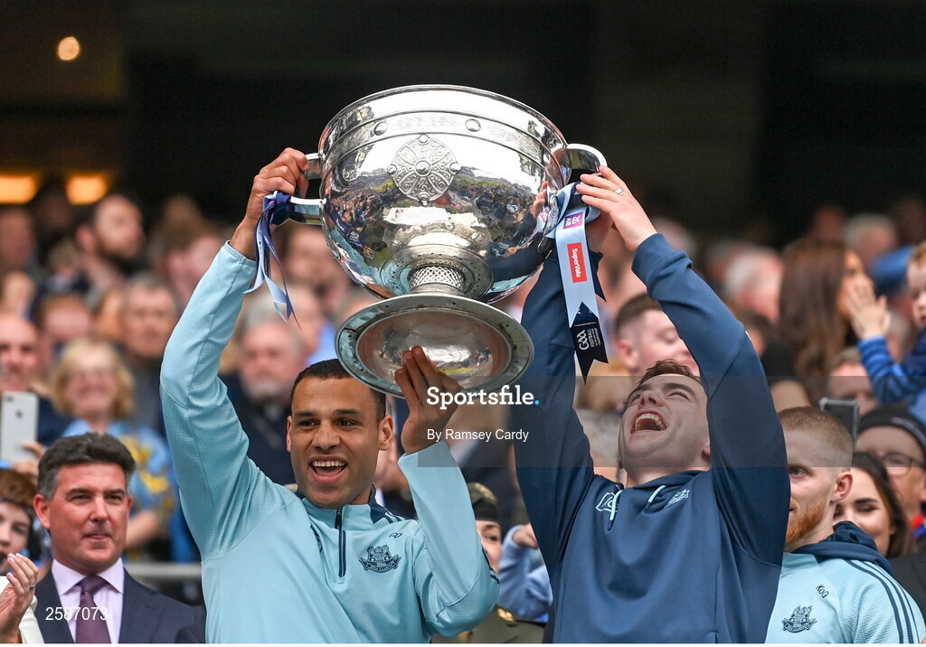 30 July 2023; Craig Dias, left, and Dan O'Brien of Dublin lift the Sam Maguire Cup after the GAA Football All-Ireland Senior Championship final match between Dublin and Kerry at Croke Park in Dublin. Photo by Ramsey Cardy/Sportsfile