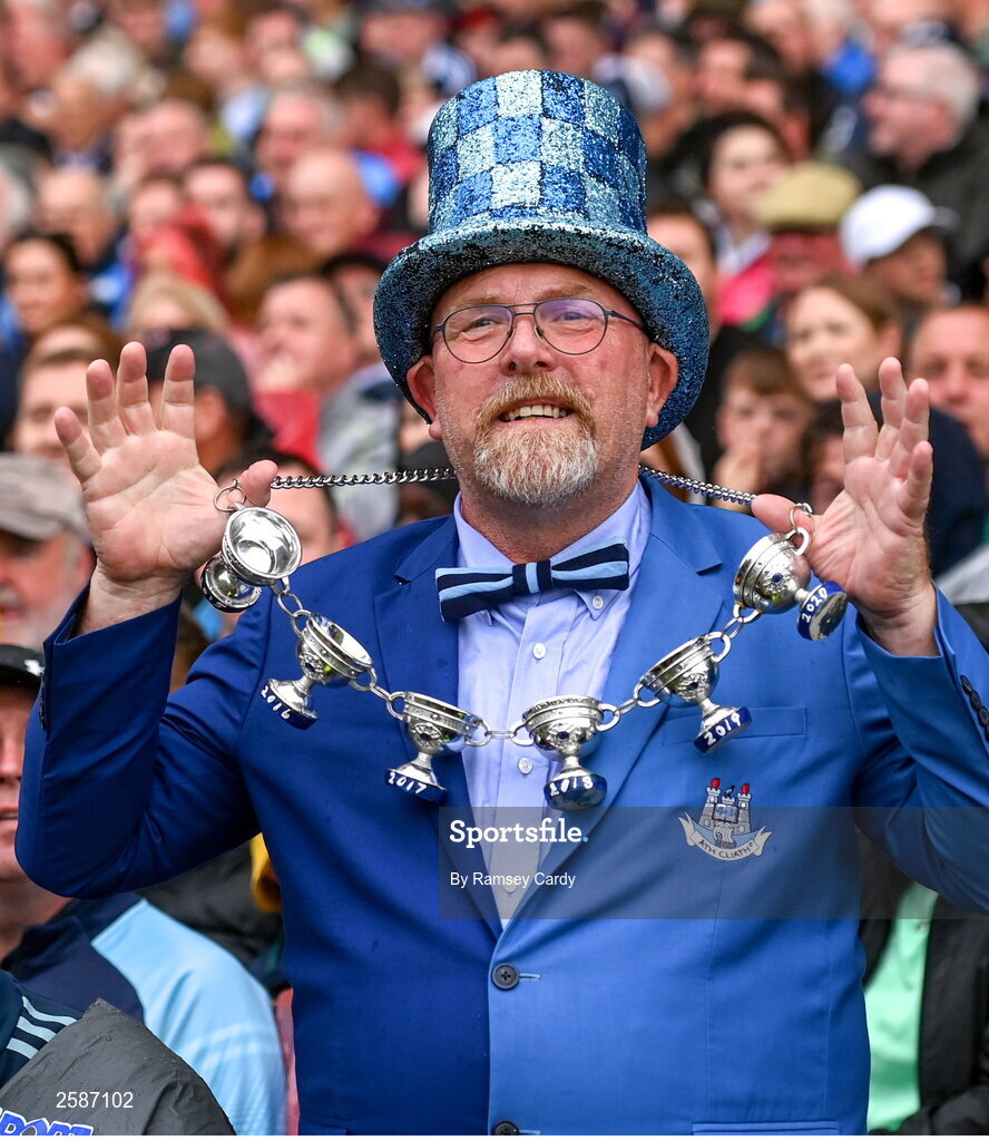 30 July 2023; Dublin supporters in the final moments of the GAA Football All-Ireland Senior Championship final match between Dublin and Kerry at Croke Park in Dublin. Photo by Ramsey Cardy/Sportsfile