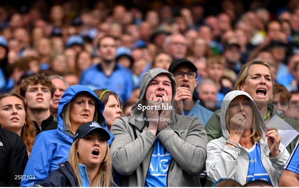 30 July 2023; Dublin supporters in the final moments of the GAA Football All-Ireland Senior Championship final match between Dublin and Kerry at Croke Park in Dublin. Photo by Ramsey Cardy/Sportsfile