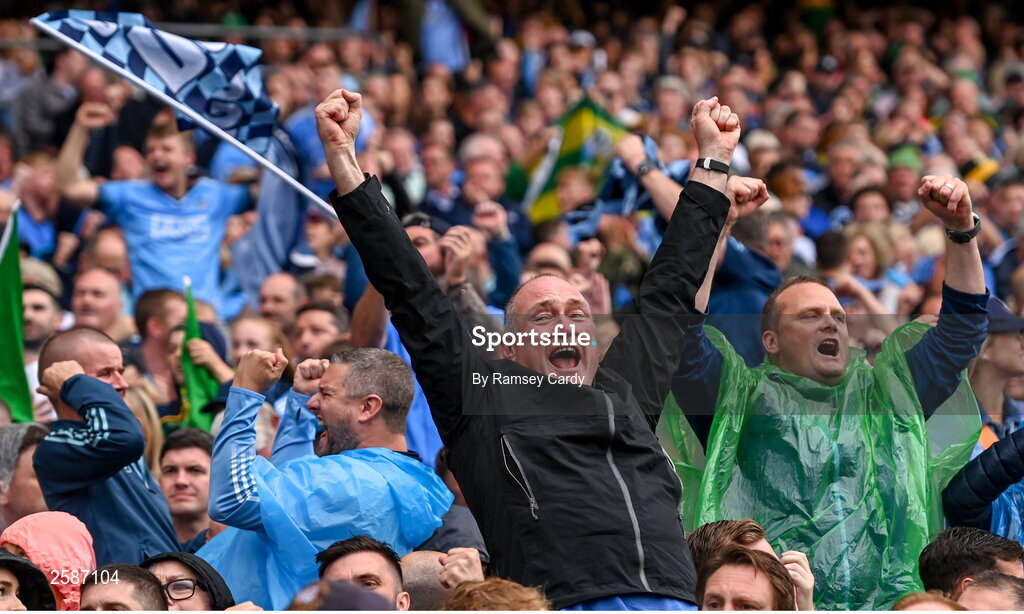 30 July 2023; Dublin supporters in the final moments of the GAA Football All-Ireland Senior Championship final match between Dublin and Kerry at Croke Park in Dublin. Photo by Ramsey Cardy/Sportsfile