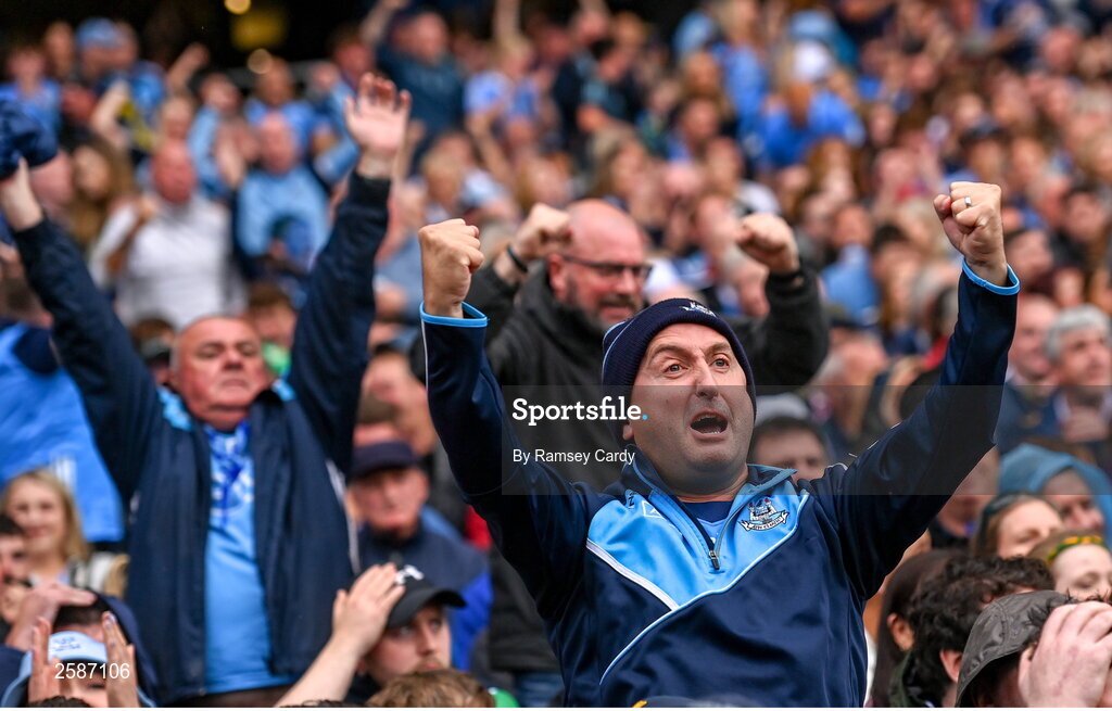 30 July 2023; Dublin supporters in the final moments of the GAA Football All-Ireland Senior Championship final match between Dublin and Kerry at Croke Park in Dublin. Photo by Ramsey Cardy/Sportsfile