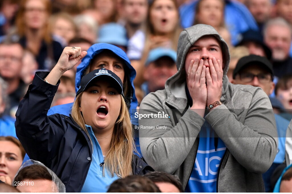 30 July 2023; Dublin supporters in the final moments of the GAA Football All-Ireland Senior Championship final match between Dublin and Kerry at Croke Park in Dublin. Photo by Ramsey Cardy/Sportsfile