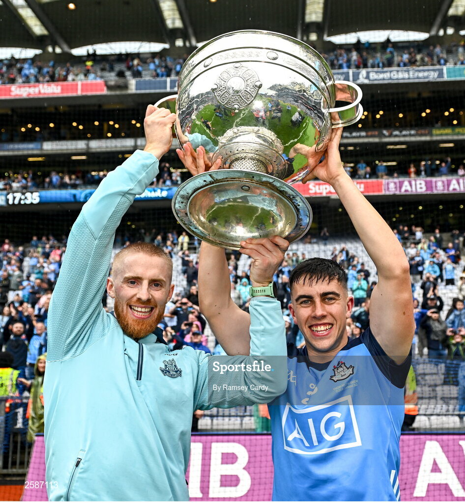 30 July 2023; Killian O'Gara, left, and Lorcan O'Dell of Dublin after the GAA Football All-Ireland Senior Championship final match between Dublin and Kerry at Croke Park in Dublin. Photo by Ramsey Cardy/Sportsfile