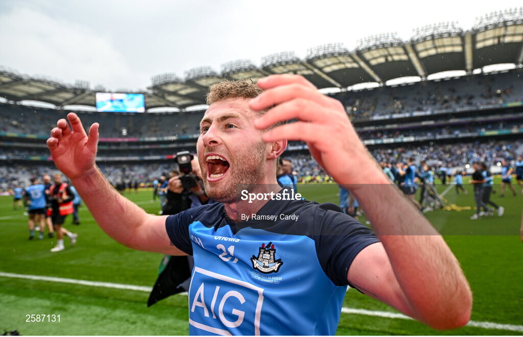 30 July 2023; Jack McCaffrey of Dublin celebrates after the GAA Football All-Ireland Senior Championship final match between Dublin and Kerry at Croke Park in Dublin. Photo by Ramsey Cardy/Sportsfile