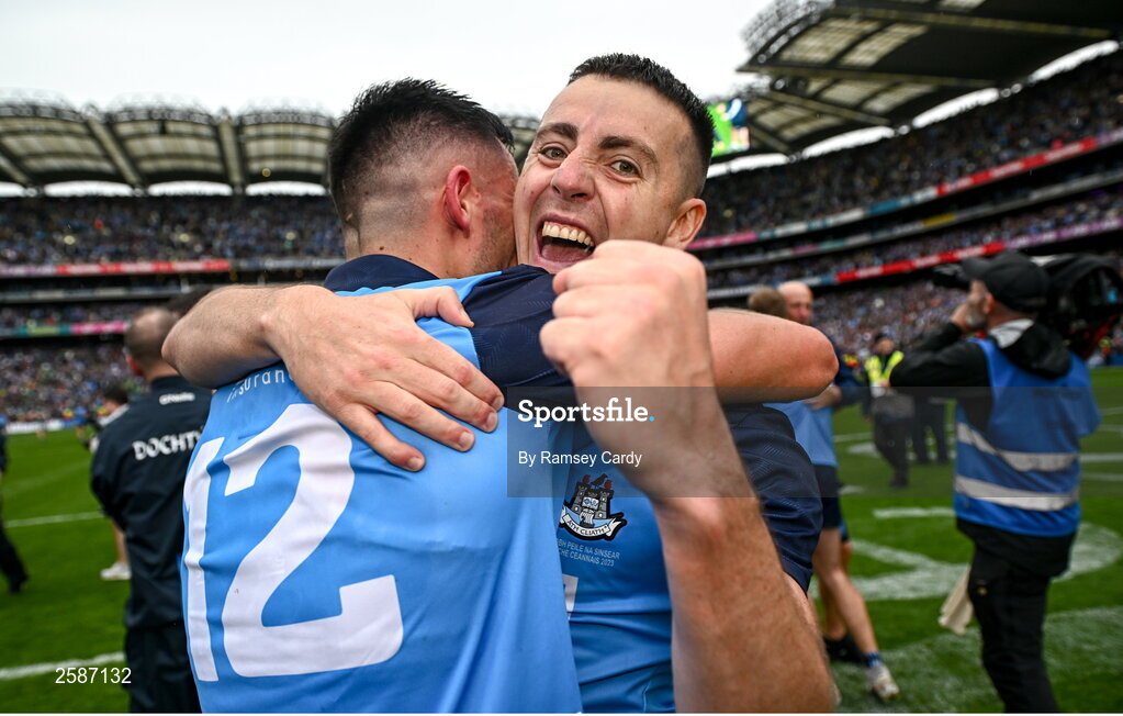 30 July 2023; Cormac Costello of Dublin celebrates after the GAA Football All-Ireland Senior Championship final match between Dublin and Kerry at Croke Park in Dublin. Photo by Ramsey Cardy/Sportsfile