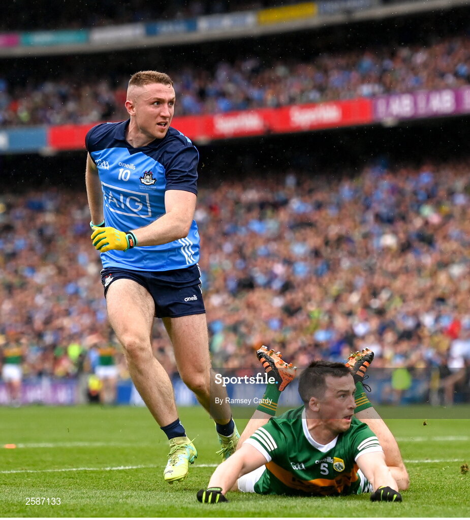 30 July 2023; Paddy Small of Dublin watches as his shot goes in for his side's first goal during the GAA Football All-Ireland Senior Championship final match between Dublin and Kerry at Croke Park in Dublin. Photo by Ramsey Cardy/Sportsfile