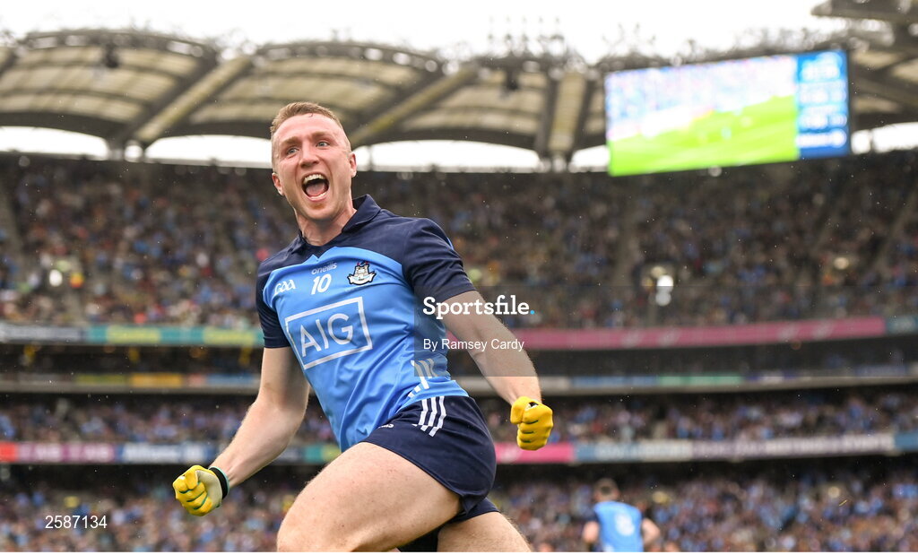 30 July 2023; Paddy Small of Dublin celebrates after scoring his side's first goal during the GAA Football All-Ireland Senior Championship final match between Dublin and Kerry at Croke Park in Dublin. Photo by Ramsey Cardy/Sportsfile