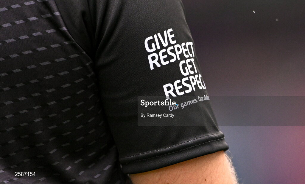 30 July 2023; A Give Respect, Get Respect logo on a referee sleeve during the GAA Football All-Ireland Senior Championship final match between Dublin and Kerry at Croke Park in Dublin. Photo by Ramsey Cardy/Sportsfile