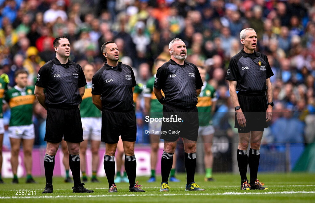 30 July 2023; Officials, from left to right, Stand By Referee Martin McNally, referee David Gough, linesman James Molloy, sideline official Fergal Kelly before the GAA Football All-Ireland Senior Championship final match between Dublin and Kerry at Croke Park in Dublin. Photo by Ramsey Cardy/Sportsfile