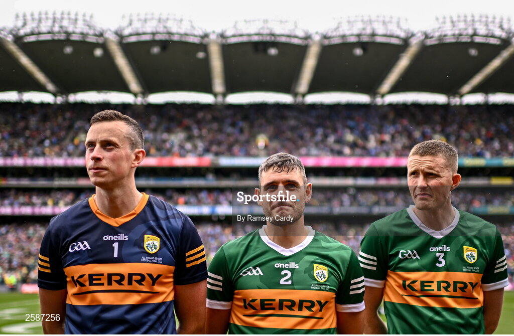 30 July 2023; Kerry players, from left, Shane Ryan, Graham O'Sullivan and Jason Foley before the GAA Football All-Ireland Senior Championship final match between Dublin and Kerry at Croke Park in Dublin. Photo by Ramsey Cardy/Sportsfile