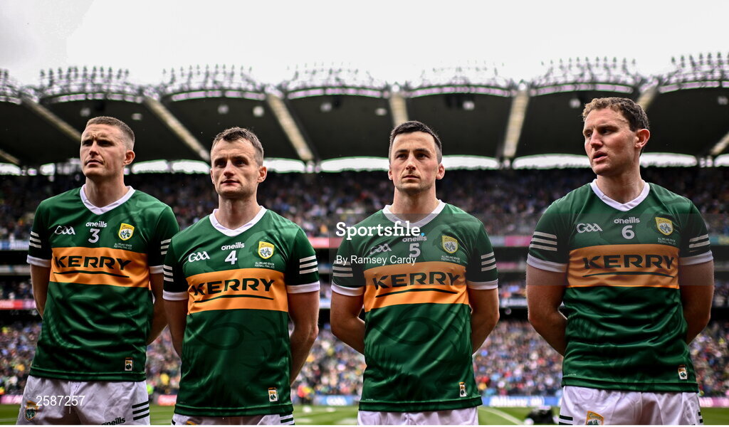 30 July 2023; Kerry players, from left, Jason Foley, Tom O'Sullivan, Paul Murphy and Tadhg Morley before the GAA Football All-Ireland Senior Championship final match between Dublin and Kerry at Croke Park in Dublin. Photo by Ramsey Cardy/Sportsfile