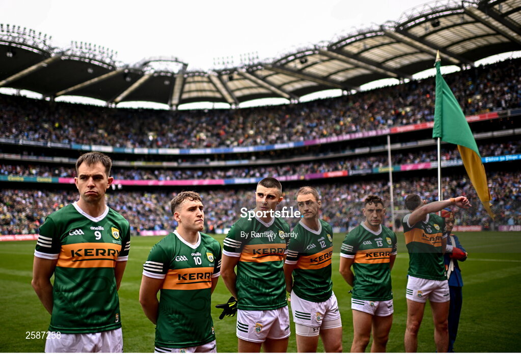 30 July 2023; Kerry players, from left, Jack Barry, Dara Moynihan, Sean O'Shea, Stephen O'Brien, Paudie Clifford and Paul Geaney before the GAA Football All-Ireland Senior Championship final match between Dublin and Kerry at Croke Park in Dublin. Photo by Ramsey Cardy/Sportsfile
