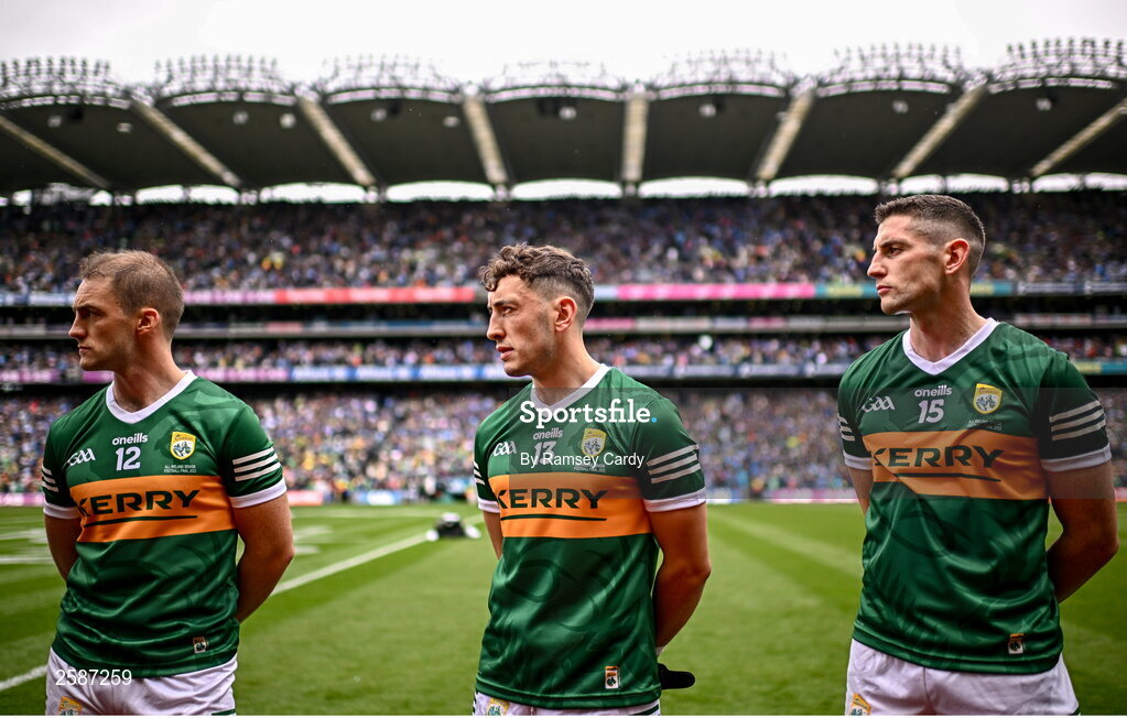 30 July 2023; Kerry players, from left, Stephen O'Brien, Paudie Clifford and Paul Geaney before the GAA Football All-Ireland Senior Championship final match between Dublin and Kerry at Croke Park in Dublin. Photo by Ramsey Cardy/Sportsfile